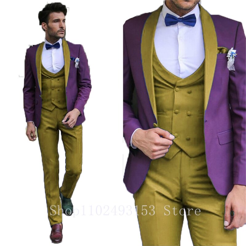 2023 Nova Moda Ternos Masculinos Slim Fit Casual Xale Lapela 3 Peças Homens Ternos Do noivo Smoking Blazer + Vest + Calças Costume Homme Mariage