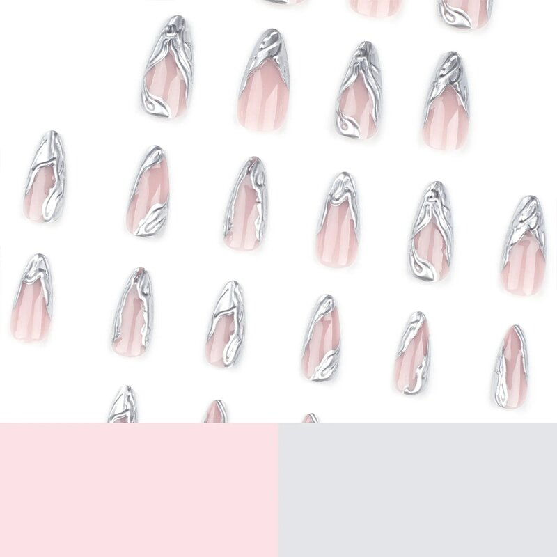 Тяжелый металлический подделки ногтей серебряный французский нажатие ногтей миндаль от износа подделки ногтей для девушек Y2K девушки ногтей 24Pcs