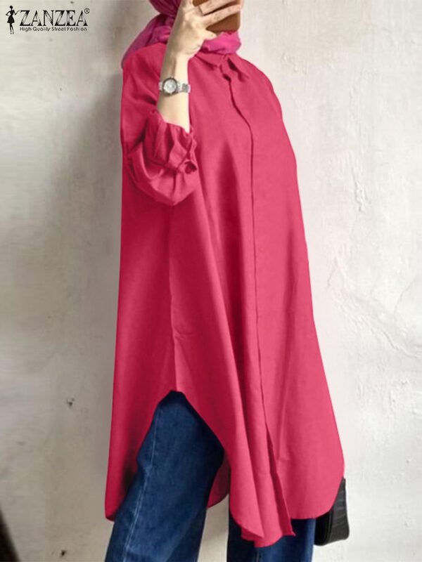 ZANZEA larga-Blusa de manga larga para mujer, camisa Abaya musulmana elegante, cuello de solapa, informal, de trabajo, de Dubái, color liso, para otoño