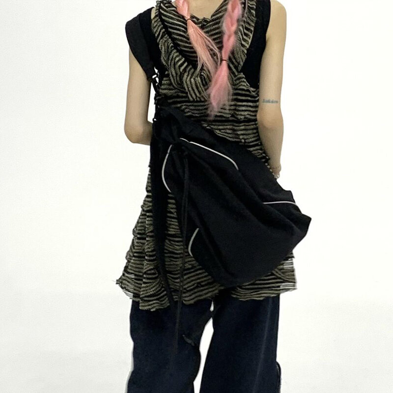 HOUZHOU gaun bergaris Vintage wanita Y2k estetika Jepang 2000s gaya gaun pendek Streetwear Ruffled Mini gaun Harajuku