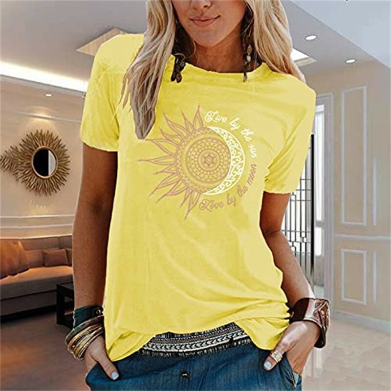 Neuankömmling Frauen Sonne Mond gedruckt T-Shirt Kurzarm o Hals Spaß ästhetische Grafiken T-Shirts für Dame Teen Mädchen Streetwear