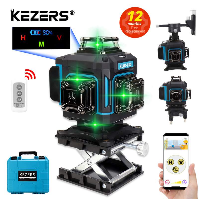 Kezers เครื่องแสดงระดับเลเซอร์สีเขียว16เส้น4D KL4D-03G 360 1ชิ้นแบตเตอรี่ Li-ion 4000mAh สำหรับกระเป๋าเดินทางมีรีโมทคอนโทรล