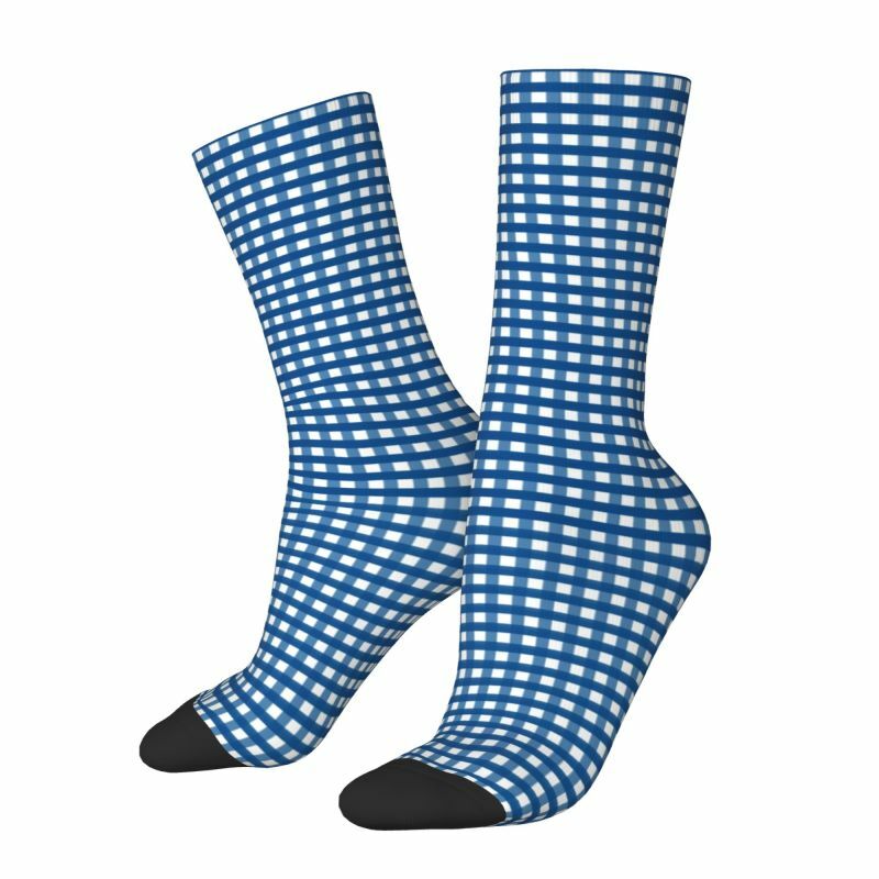 Meias unissex para impressão 3D Kawaii, meias fashion, padrão xadrez azul, meias de vestido para homens e mulheres