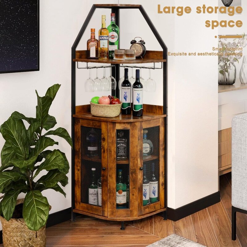Corner Bar Cabinet,Wine Bar Cabinet,Liquor Cabinet with Holder,Mesh Door and Adjustable Shelf,Corner Shelf Liquor Cabinet Bar