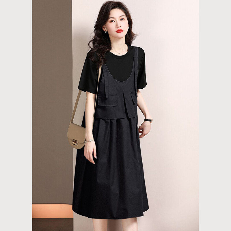 Fashion O-Neck Spliced Pockets Fake Two Pieces Casual Dresses Women's Clothing 2024 Summer New Loose Commuter Short Sleeve Dress