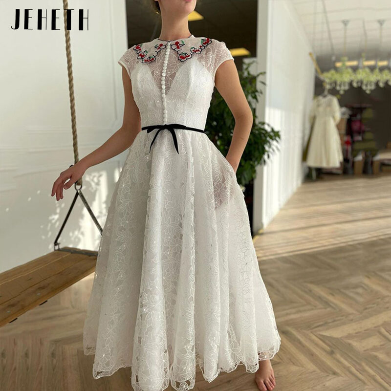 JEHETH-vestido de fiesta de noche elegante con bordado de encaje, vestido de fiesta Pastoral, mangas casquillo, cuello redondo, bolsillos, longitud hasta el tobillo