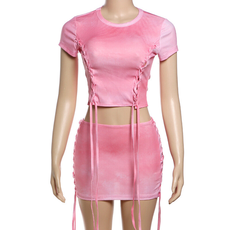 Conjunto feminino de duas peças gradiente rosa, tops curtos de manga curta, saias curtas finas, streetwear casual, camisas com fita, roupas de verão 2024