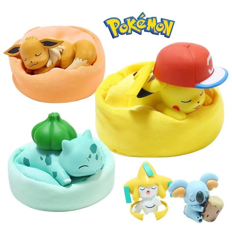 Kit de modèle de figurine de personnages d'anime Pokemon, réplique étoilée, Pikachu, série Bulbasaur, intérieur de voiture, position de sommeil à la main, jouets cadeaux