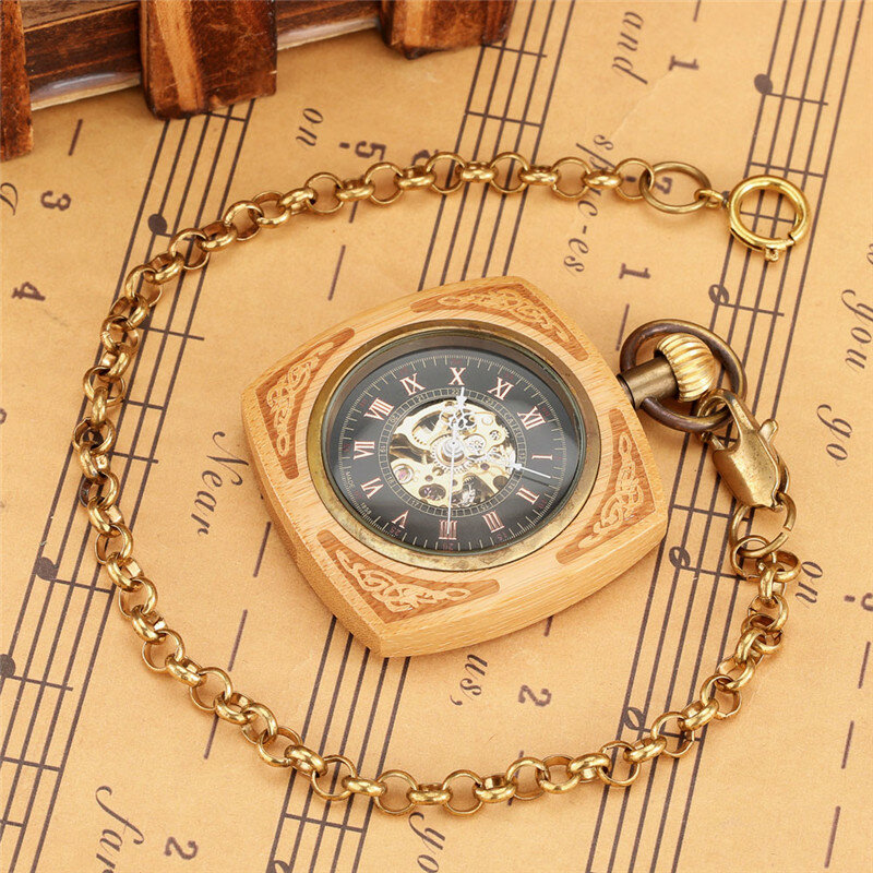 Reloj de bolsillo de madera antigua para hombre y mujer, cronógrafo mecánico automático con esqueleto de bambú, cadena colgante coleccionable