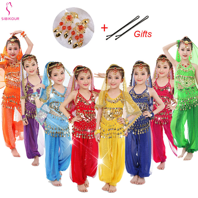 Crianças traje de dança do ventre conjunto trajes de dança oriental menina egito egípcio bollywood indiano dança do ventre roupas índia 8 cores