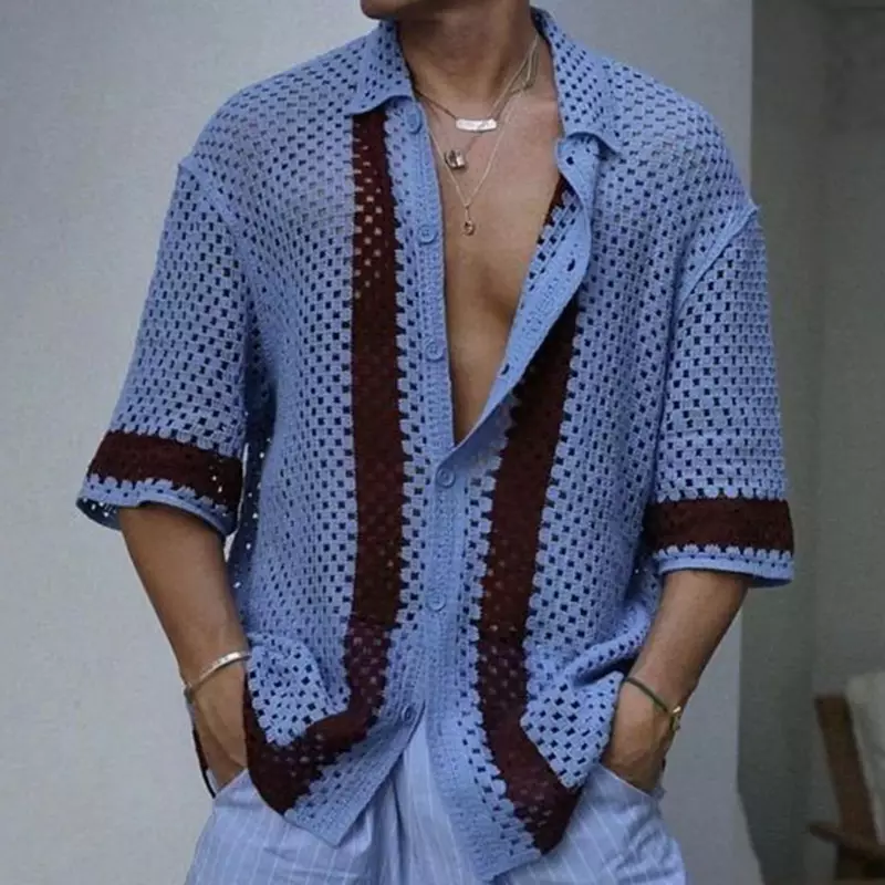 Camisa polo masculina de malha luxuosa, streetwear casual de manga curta, com botão abotoado, tops de contraste listrado respirável, roupas de verão