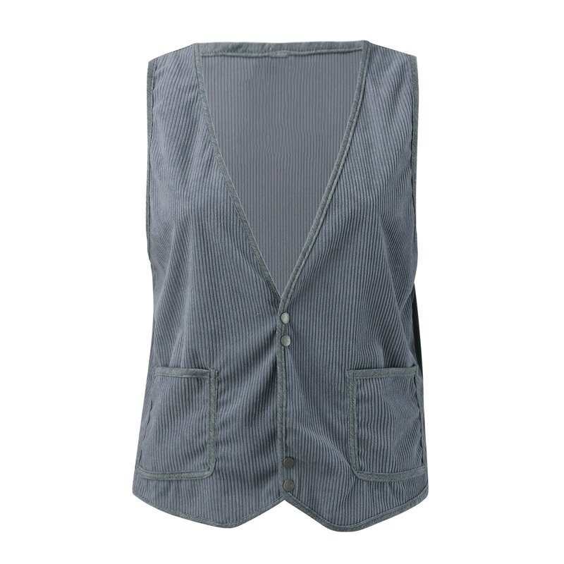 Ladies Solid Color Pocket Button V-Neck Versatile Camisole Loose Corduroy Vest Casual Vintage Sleeveless Jacket Vest For Women