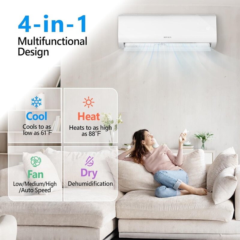 9000BTU Wifi Enabled Mini Split Air Conditioner & Heater,Wall AC Unit with Pre-Charged Condenser, Heat Pump & Installation Kit