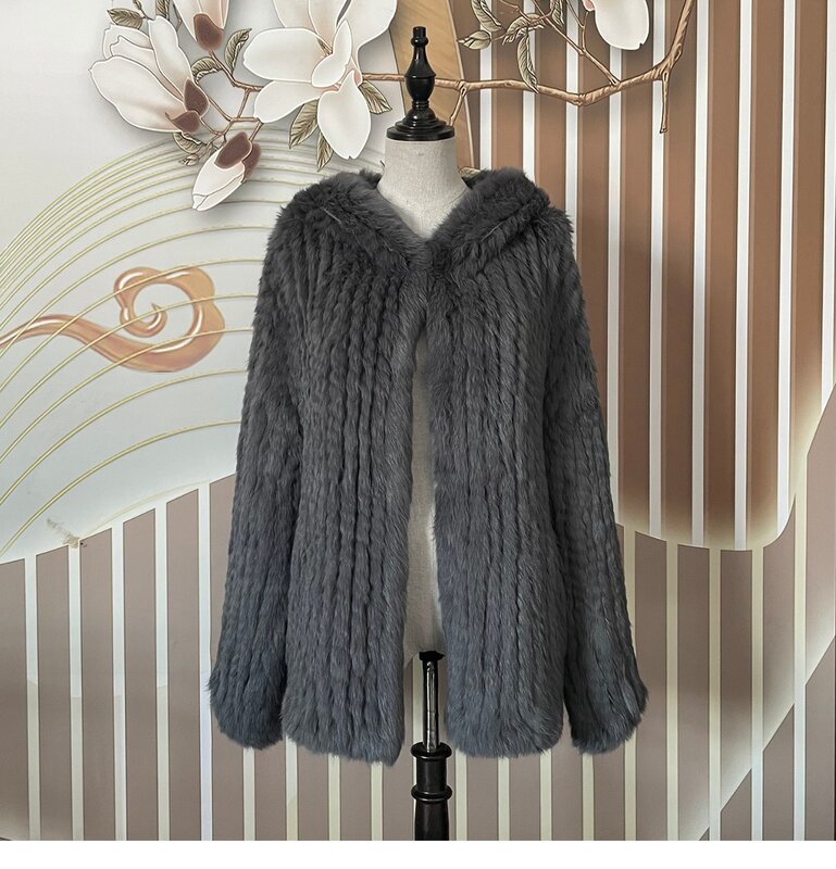 Abrigo de punto de piel de conejo Natural Real para mujer, chaqueta con capucha de manga larga de lujo, ropa de abrigo gruesa de talla grande, Invierno
