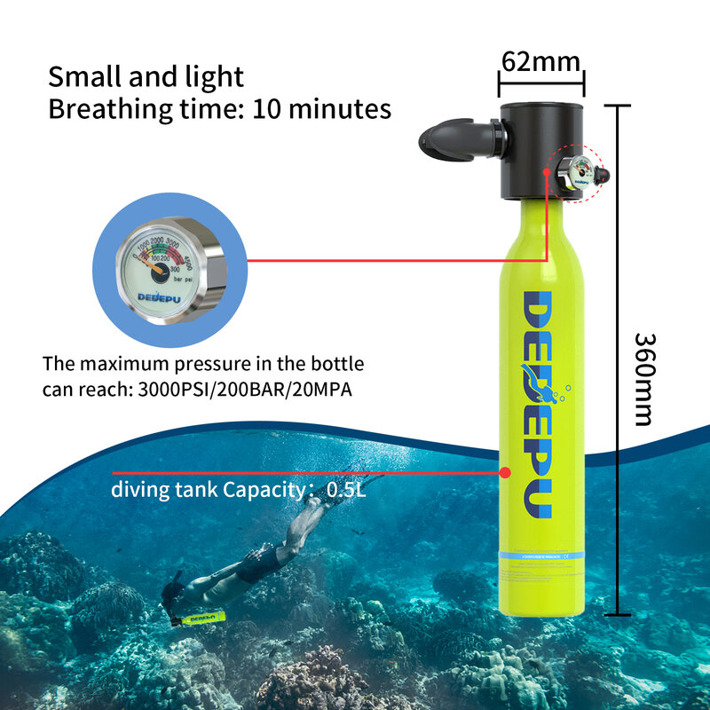 DEDEPU wyposażenie zbiornika do nurkowania z cylindrem nurkowym, Cylinder nurkowy o pojemności 5-10minut i pojemności 0.5 litrów