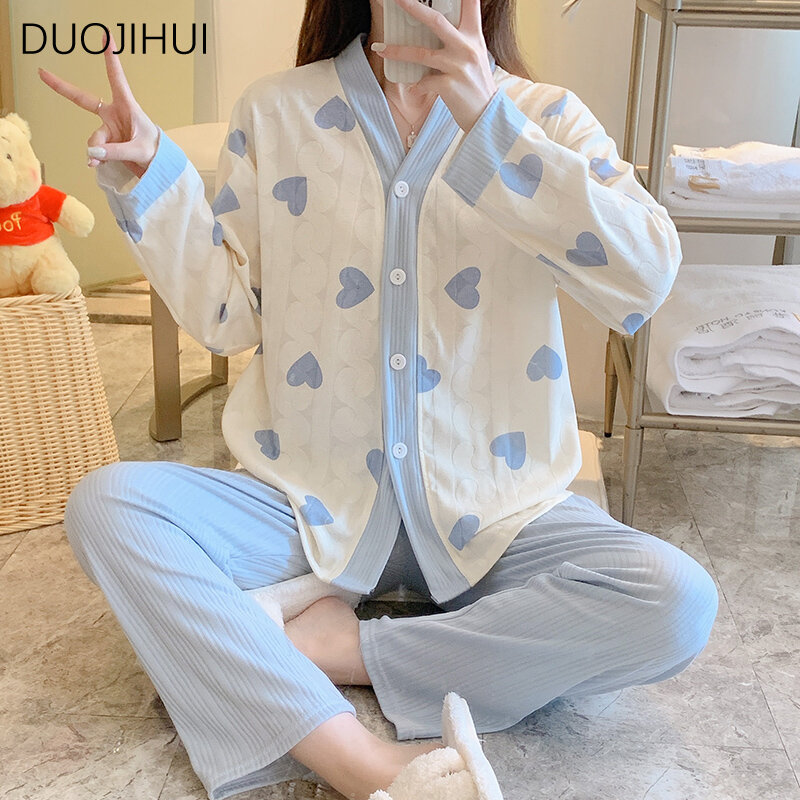 DUOJIHUI-Conjunto de pijama feminino de duas peças, cardigã com decote em v, Calça solta básica, moda casual em casa, doce e simples, outono