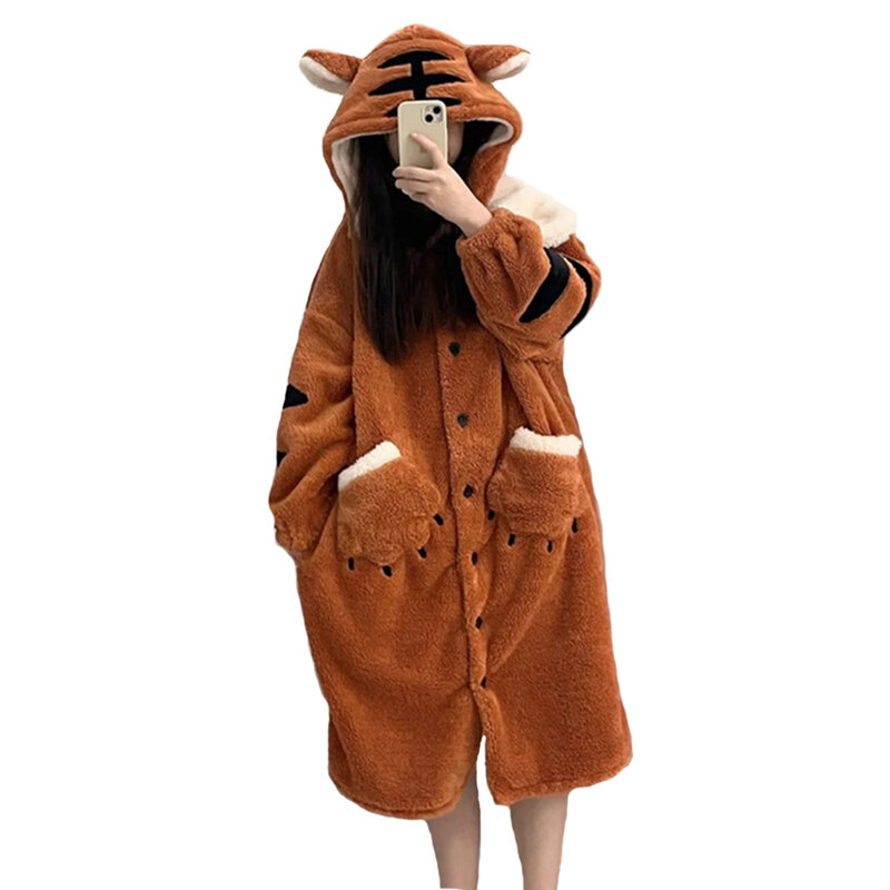 Baju tidur wanita, baju tidur panjang musim dingin hangat binatang harimau berkerudung pakaian tidur flanel piyama Cosplay kartun Homewear