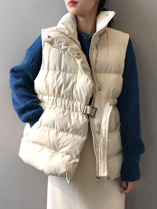 캐주얼 벨트 겨울 조끼 여성 패션 지퍼 민소매 자켓, 우아한 스탠드 칼라 겉옷 여성 솔리드 다운 조끼 포켓 포함