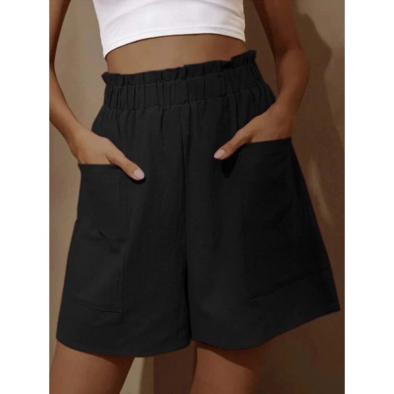Shorts casuais soltos de tamanho grande para mulheres, calças largas de cintura alta, cor sólida, verão, novo