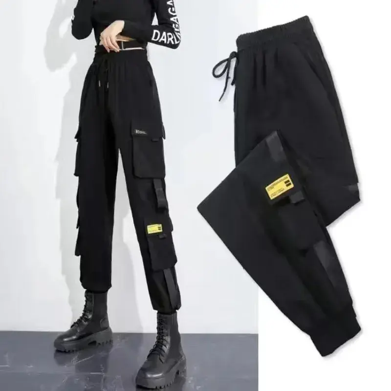 S-2XL Streetwear Fashion Women Big Size Cargo Pants Spring Autumn Elastic High Waist Contrast Color Loose Sports Casual Trousers