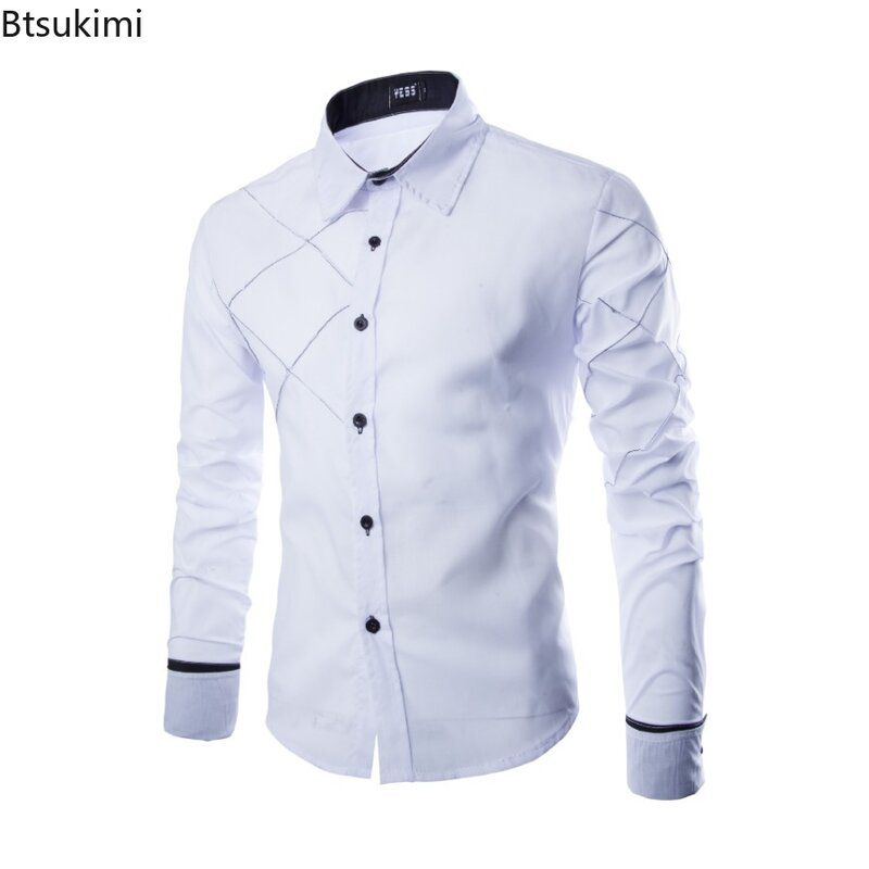 Camisas de algodón con solapa de manga larga para hombre, Camisas formales de estilo de negocios, de retazos, de un solo pecho, 2024