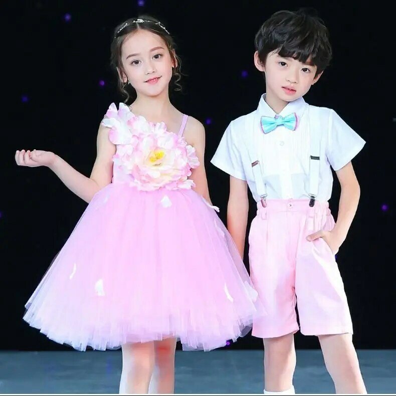 Costume de spectacle de la Journée internationale des enfants, robe publique Pengpeng pour filles, pantalon à bretelles pour garçons, chœur, cosplay de maternelle