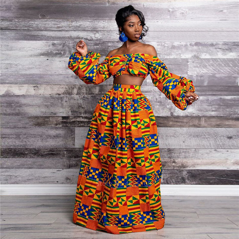Ensemble deux pièces élégant pour femme, robe sexy à encolure dégagée, haut en fibre, jupe fendue haute, imprimé national africain vintage, dame trempée