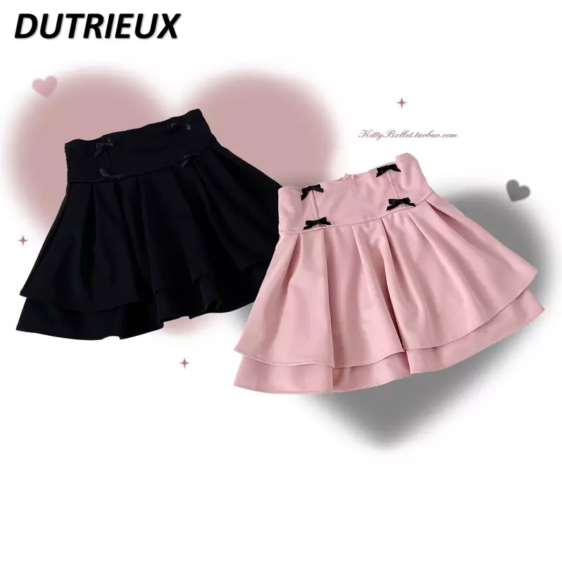 Japanese Style Summer New Sweet Cute Girl High Waist Short Skirt Bow Double Layer Mine Solid Color Kawaii Mini Tutu Skirts