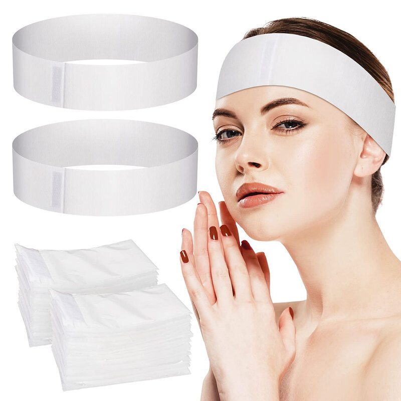 Bando wajah Spa sekali pakai, alat kecantikan ikat kepala elastis dapat disesuaikan regang 100 buah