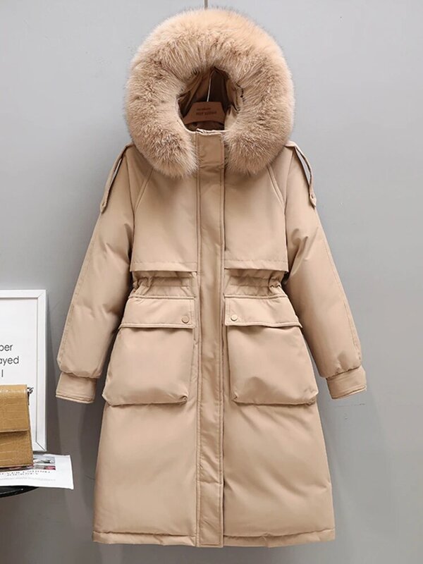 Fitaylor Jaket Panjang Wanita Musim Dingin Jaket Parka Bertudung Kerah Bulu Alami Besar 90% Jaket Bulu Angsa Putih Pakaian Luar Hangat Salju Tebal