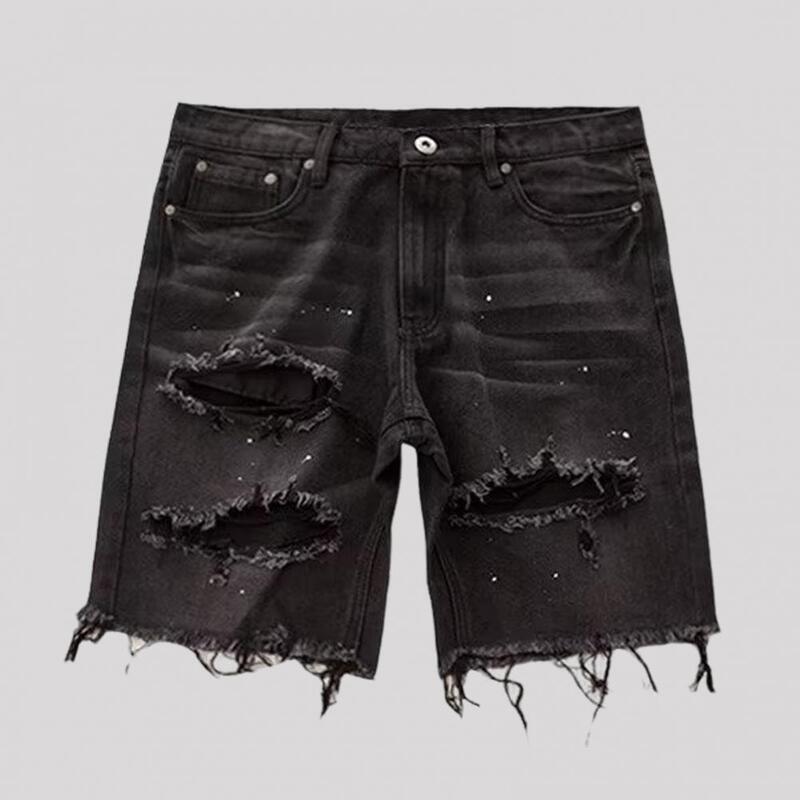 Shorts jeans angustiados dos homens, jeans elegantes de botão com furos rasgados, multi bolsos para um verão na moda