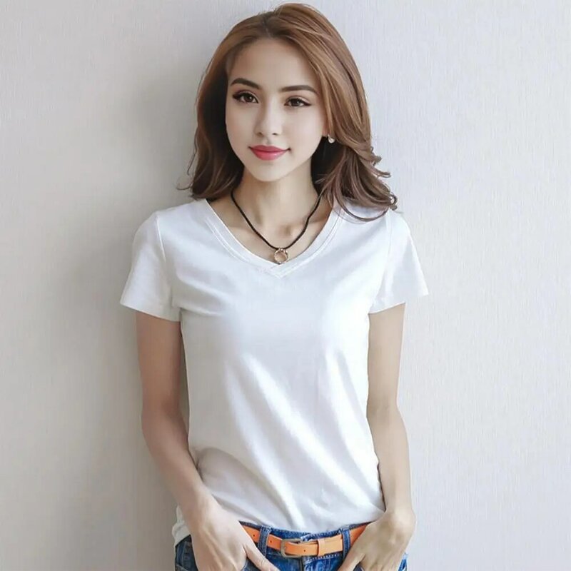 Camiseta con cuello en V para mujer, Top ajustado de Color sólido, ropa de calle, Color sólido