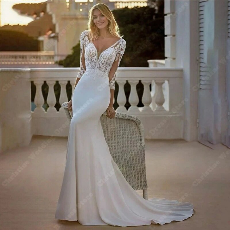 Gaun pengantin wanita, jubah pesta pantai punggung terbuka, Applique renda Formal baru Lengan tiga perempat putri duyung putih 2024