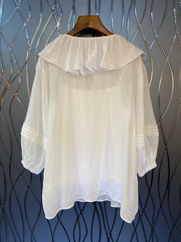 lingzhiwu Women White Blouse 2024 Summer Female Ruffled Collar Lace Decoration Mid-Length Shirt New Arrive