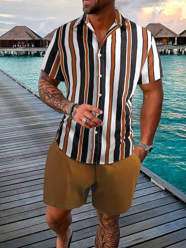 Conjunto de camisa con estampado 3D para hombre, camisa informal de manga corta con rayas graduadas, pantalones cortos de playa de gran tamaño, trajes hawaianos, ropa de verano