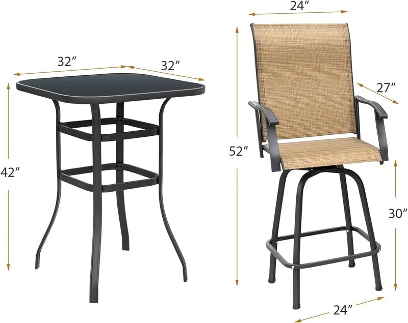 Поворотный Барный комплект из 3 предметов, высокий барный стол и стулья для патио, комплект стульев из текстиленовой ткани с ремнем, приблизительный комплект из 2 предметов