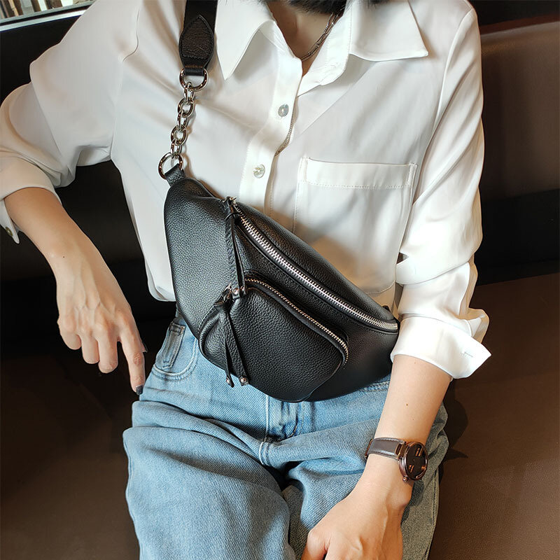 Cintura de couro genuíno de um ombro, bolsa tiracolo pequena de couro, que combina com tudo, tendência de alta qualidade, novo, 2024