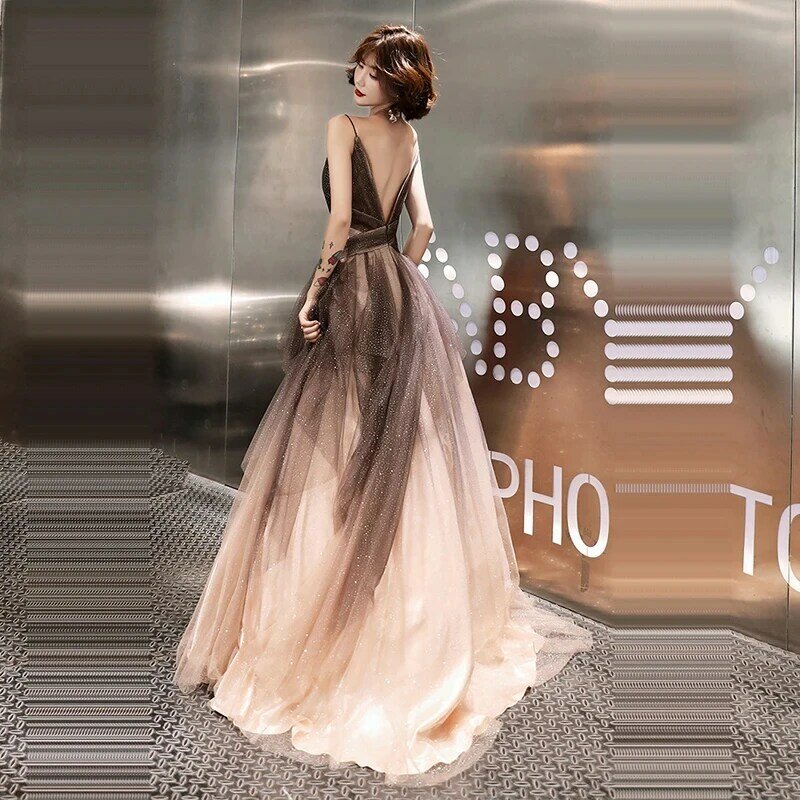 2023 New A-Line Formal Dress V-Neck Spaghetti Strap Sleeveless Robe De Soiree K321 Sequined Backless Zipper Dress Woman Party