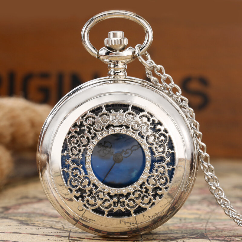 Exquisita esfera azul estrellada colgante, reloj de bolsillo de cuarzo con caja hueca plateada, números romanos, Relojes Retro