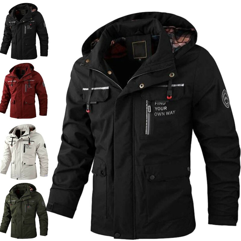 メンズanorakフード付きチェックジャケット、軽量ウインドブレーカージャケット、優れたスレッド、単色、ジッパー、ルーズ、コットンコート、アウトドア、冬