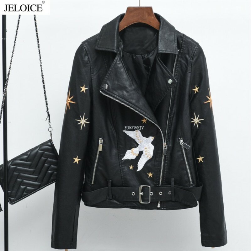 Embroidered women spring and autumn belt PU leather jacket motorcycle jacket