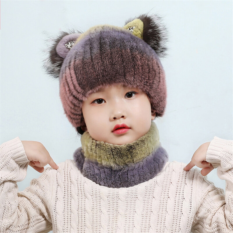 Cappello di pelliccia di coniglio Rex invernale per bambini maschili e femminili addensato caldo lavorato a maglia peluche cappello per bambini berretto per bambini sciarpa cappello
