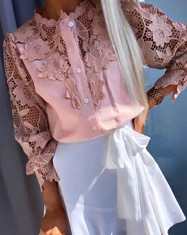 Блузка женская кружевная с круглым вырезом и цветочным принтом