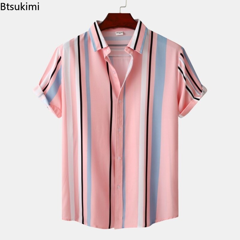 Camisa masculina listrada arco-íris estampada, blusa casual de manga curta, streetwear havaiano respirável masculino, moda verão, 2024