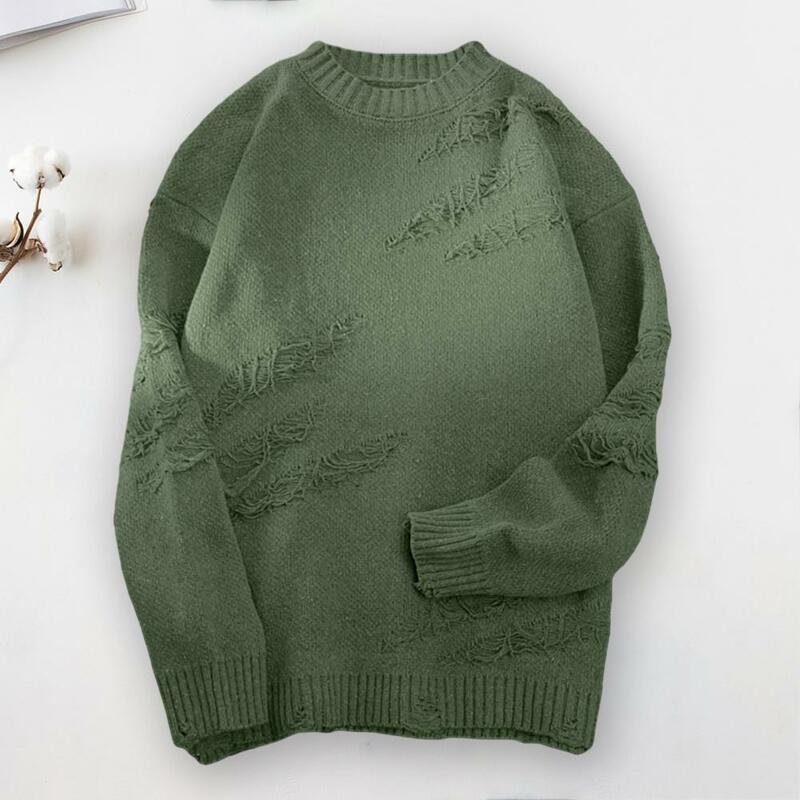 Suéter Vintage de Hip Hop para hombre, rasgados Jersey de punto con detalles de Color sólido, mangas largas gruesas para Otoño e Invierno
