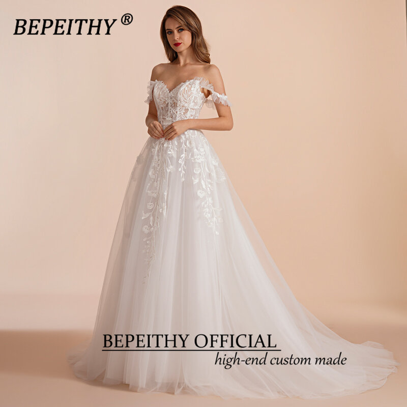 BEPEITHY-vestidos de novia de línea A, vestido de novia sin mangas, de encaje, color blanco marfil, 2023