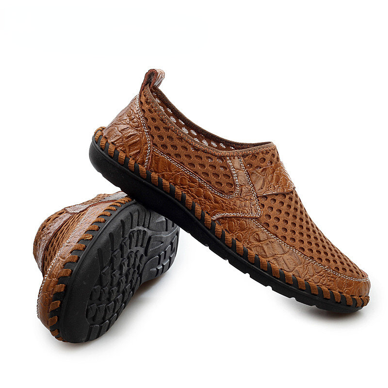 Naturalna skórzana letnia oddychająca miękka męska buty z siatką dla mężczyzn do chodzenia na co dzień lekkie obuwie z siatki 2024