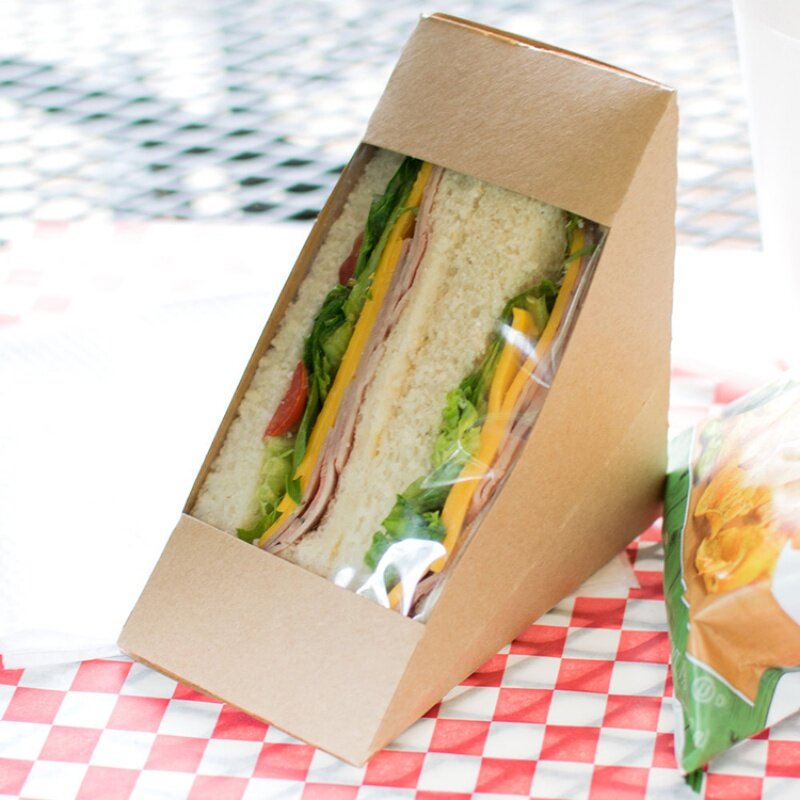 Prodotto personalizzato stampato personalizzato eco biodegradabile marrone kraft da asporto cibo da asporto pane da forno imballaggio sandwich usa e getta