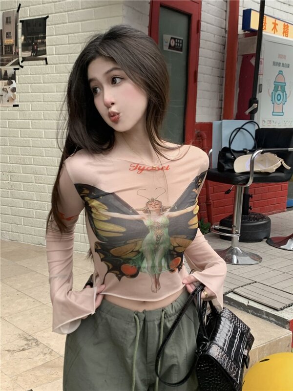 2024 New Fashionable and high-end Spicy Girl American style Mesh Long sleeved T-shirt Women Horn Y2k Sleeves Bottom Shirt Top