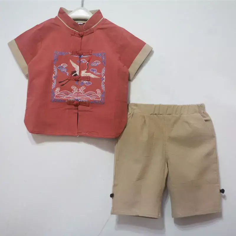 Tang-Chemise et pantalon à manches courtes en coton et lin trempé pour enfants, Hanfu traditionnel chinois, chemise décontractée pour garçons, été, nouveau, 15, 2 pièces